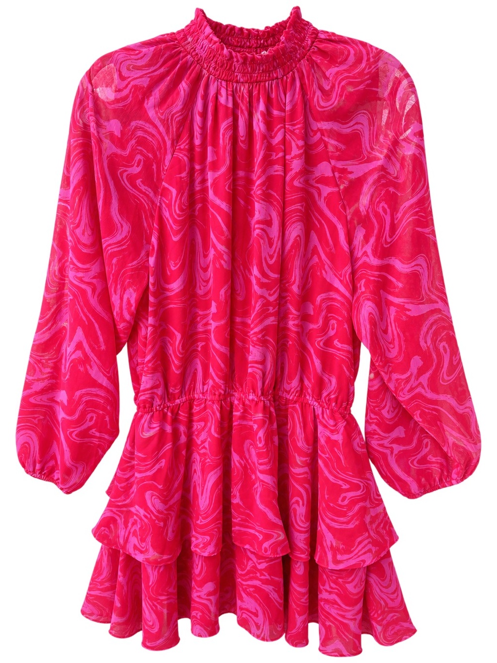 Hot Pink Swirl Smocked Neck Tiered Casual Dress